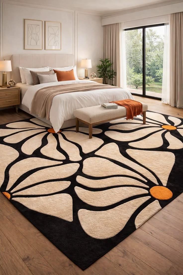 8x10 Daisy Flower Rug, Modern Floral Area Rug, Black Cream Carpet, Abstract Flower Rug, Aesthetic Living Room Rug, Handmade Tufted Wool Rug.