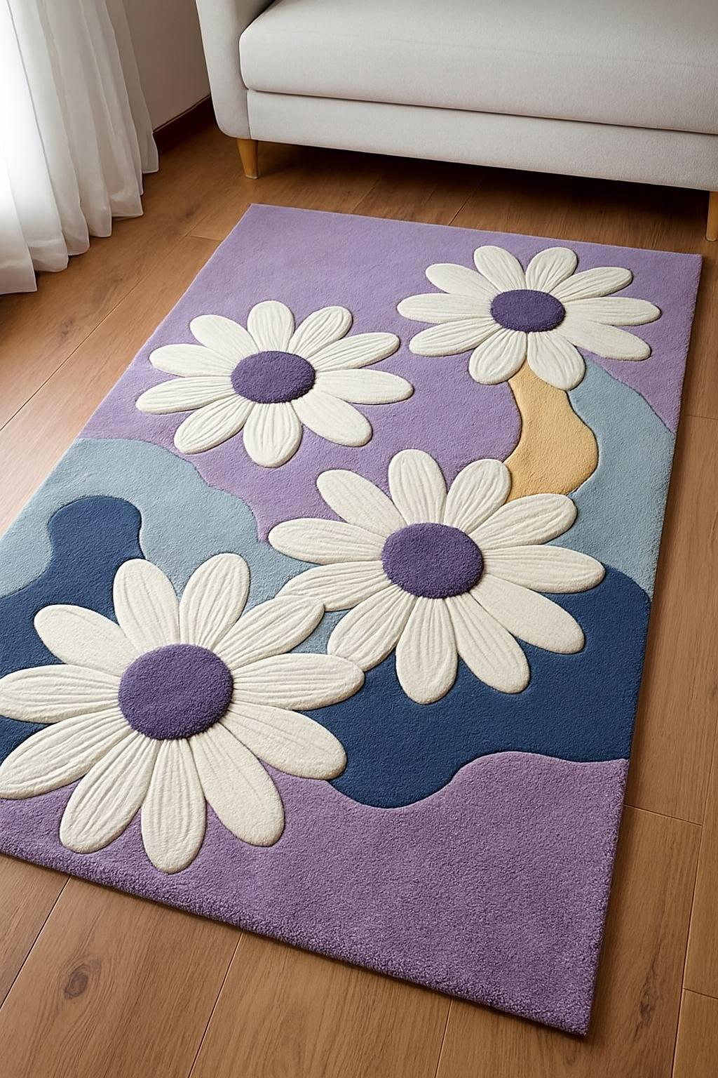 Hand-Tufted Wool Daisy Floral Area Rug, Lavender Abstract Waves Carpet