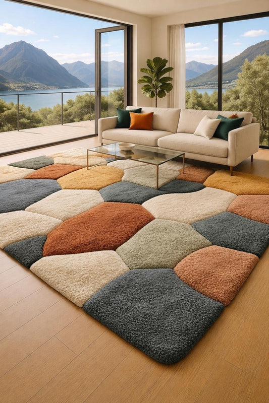 Living Room Rug In Pebble Wool Rug Style, High Pile Handmade Wool Rug, Nature Inspired Rug