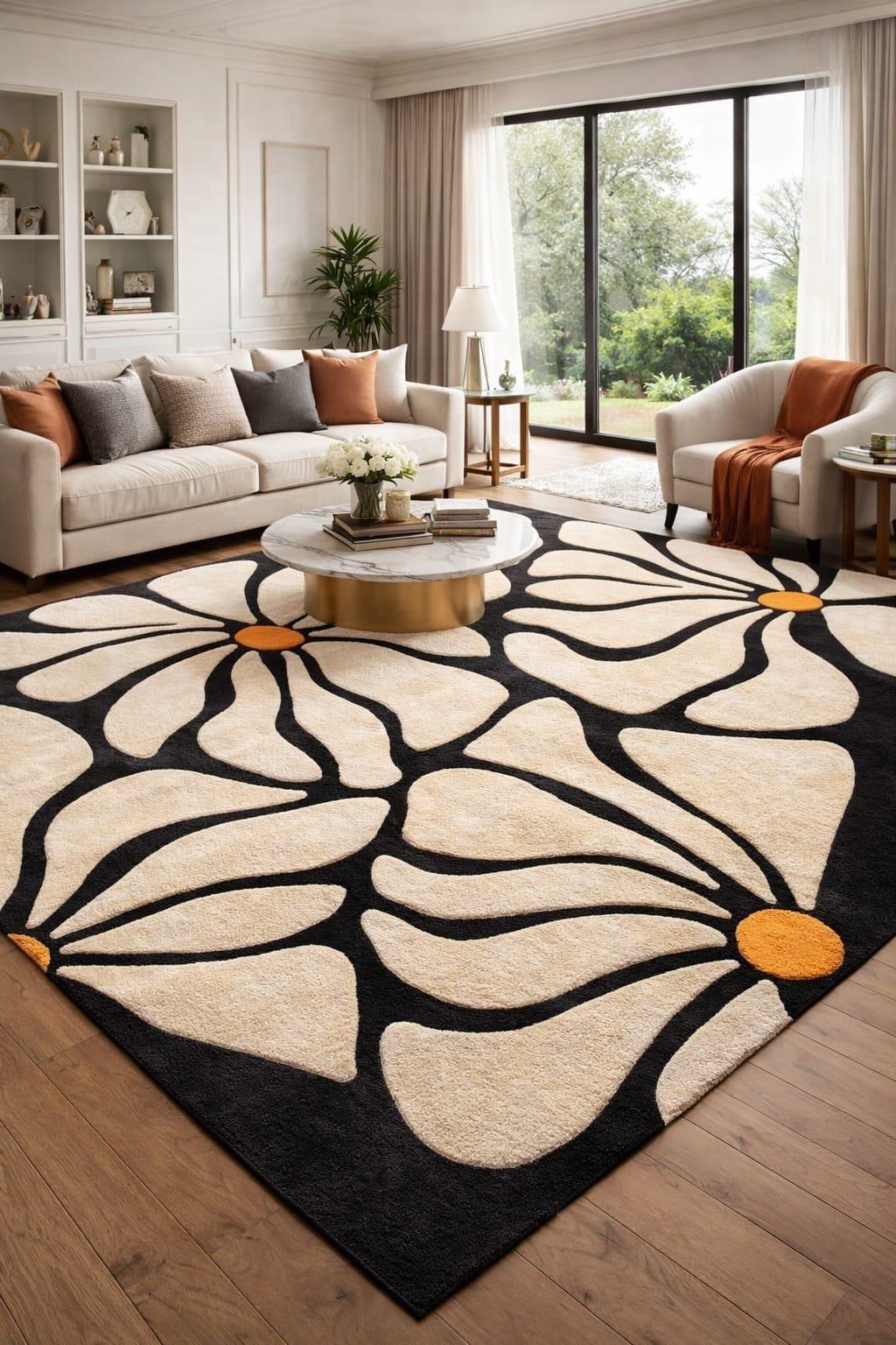 8x10 Daisy Flower Rug, Modern Floral Area Rug, Black Cream Carpet, Abstract Flower Rug, Aesthetic Living Room Rug, Handmade Tufted Wool Rug.