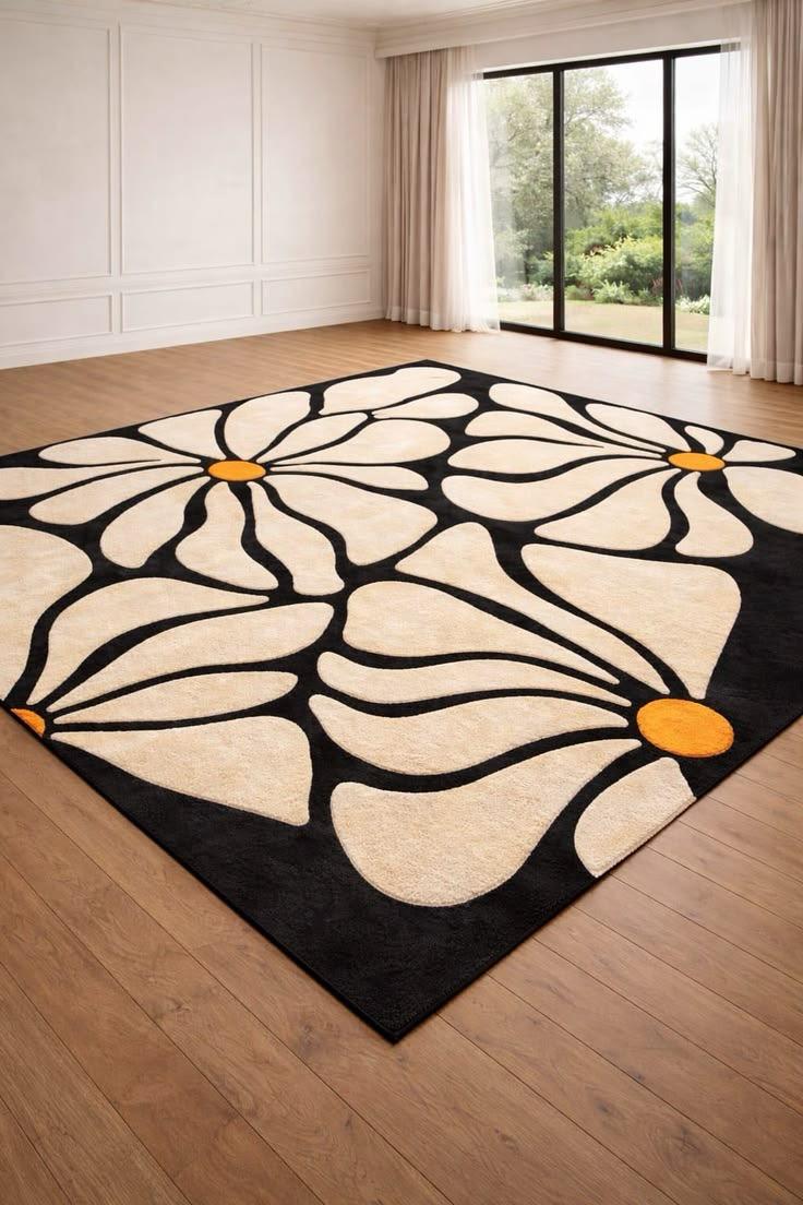 8x10 Daisy Flower Rug, Modern Floral Area Rug, Black Cream Carpet, Abstract Flower Rug, Aesthetic Living Room Rug, Handmade Tufted Wool Rug.