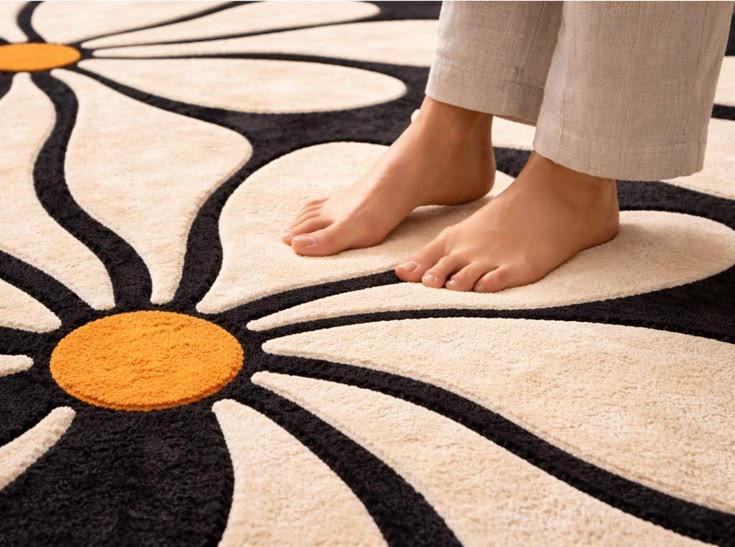 8x10 Daisy Flower Rug, Modern Floral Area Rug, Black Cream Carpet, Abstract Flower Rug, Aesthetic Living Room Rug, Handmade Tufted Wool Rug.