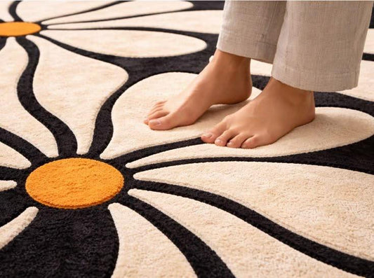8x10 Daisy Flower Rug, Modern Floral Area Rug, Black Cream Carpet, Abstract Flower Rug, Aesthetic Living Room Rug, Handmade Tufted Wool Rug.