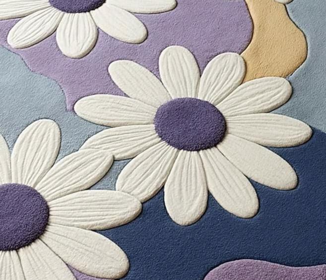 Hand-Tufted Wool Daisy Floral Area Rug, Lavender Abstract Waves Carpet