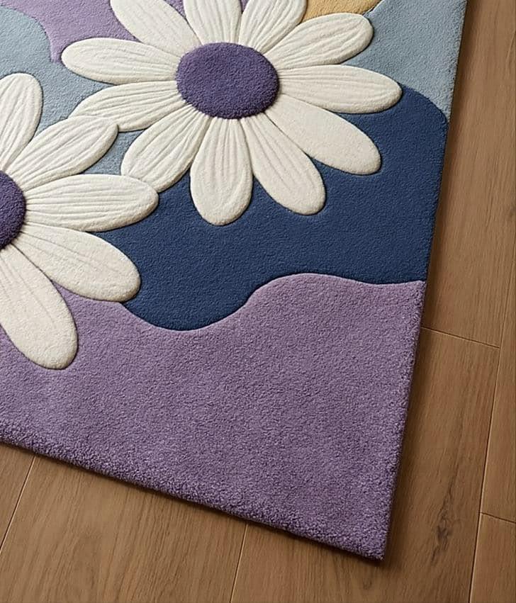 Hand-Tufted Wool Daisy Floral Area Rug, Lavender Abstract Waves Carpet