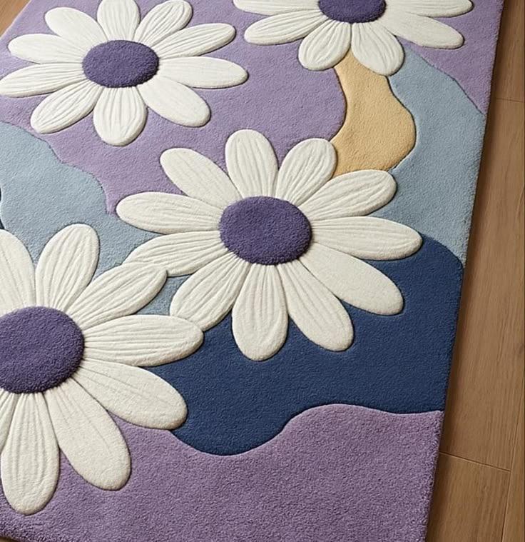Hand-Tufted Wool Daisy Floral Area Rug, Lavender Abstract Waves Carpet