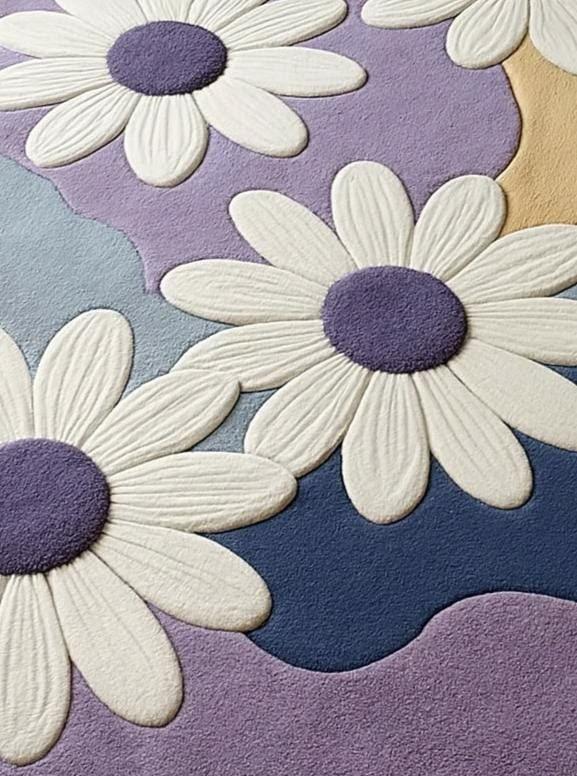 Hand-Tufted Wool Daisy Floral Area Rug, Lavender Abstract Waves Carpet