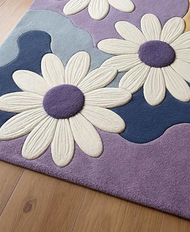 Hand-Tufted Wool Daisy Floral Area Rug, Lavender Abstract Waves Carpet