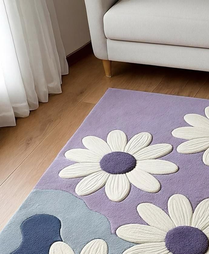 Hand-Tufted Wool Daisy Floral Area Rug, Lavender Abstract Waves Carpet