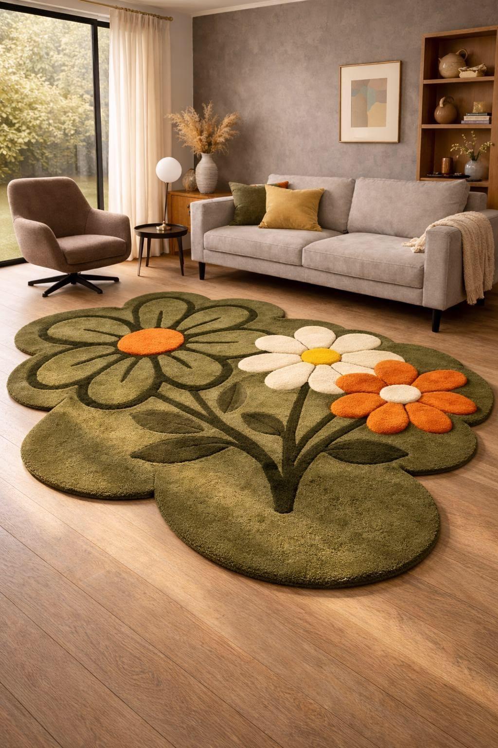 Handmade Hand-Tufted Floral Wool Rug | Green Flower Shape Area Rug for Living Room & Bedroom