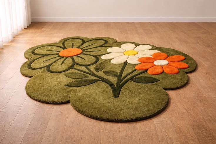 Handmade Hand-Tufted Floral Wool Rug | Green Flower Shape Area Rug for Living Room & Bedroom