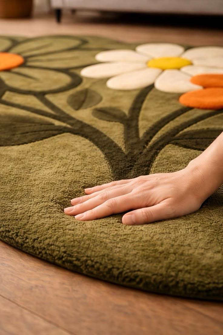 Handmade Hand-Tufted Floral Wool Rug | Green Flower Shape Area Rug for Living Room & Bedroom