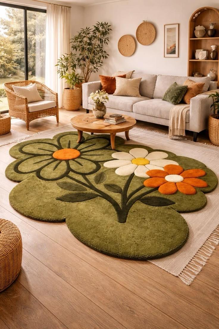 Handmade Hand-Tufted Floral Wool Rug | Green Flower Shape Area Rug for Living Room & Bedroom