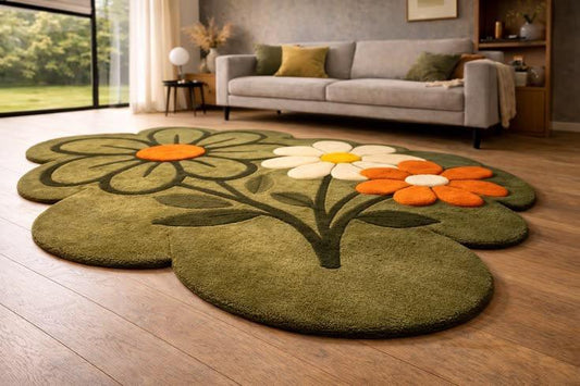 Handmade Hand-Tufted Floral Wool Rug | Green Flower Shape Area Rug for Living Room & Bedroom