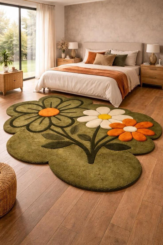 Handmade Hand-Tufted Floral Wool Rug | Green Flower Shape Area Rug for Living Room & Bedroom